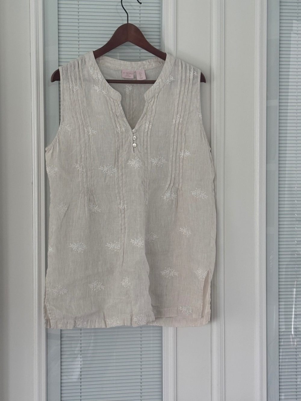 St Tropez Linen Tan White Sleeveless Top Sz L